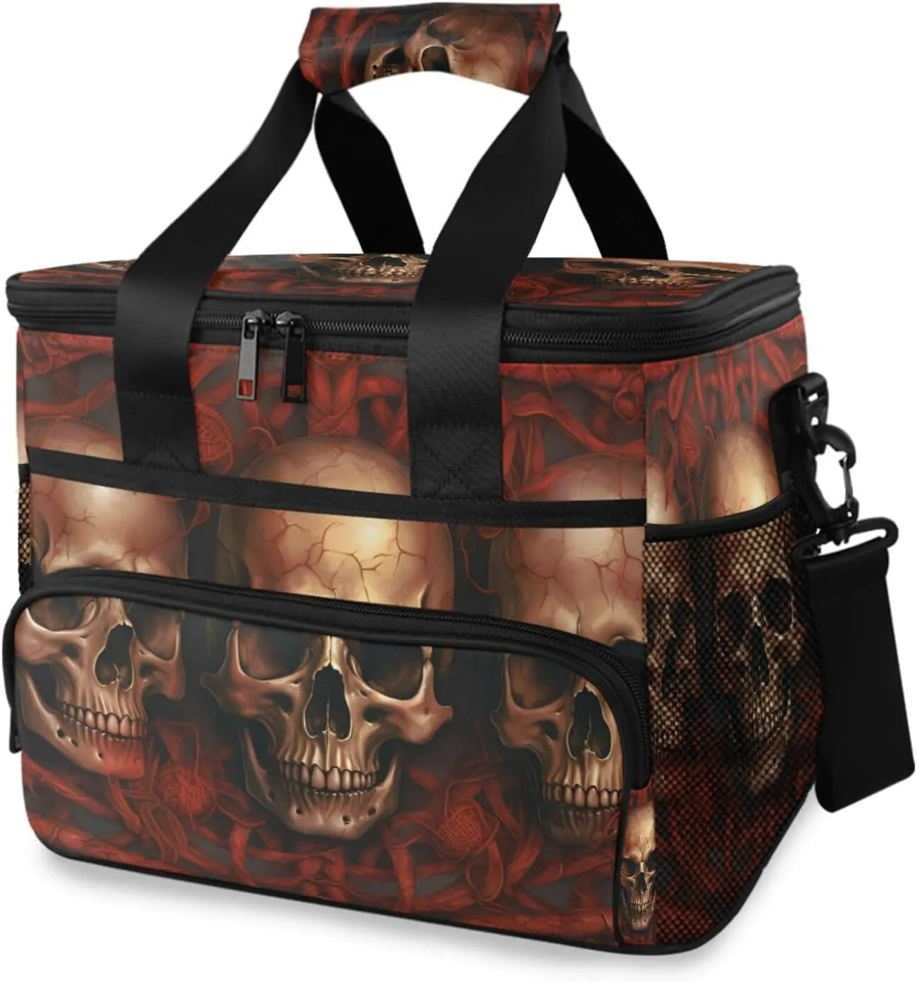 Insulated Cooler Bag 24 Cans Large Capacity Lunch Box-Red Gothic Skull Print Leak Proof with Shoulder Strap for Camping Picnic