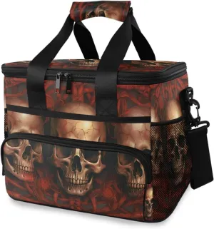 Insulated Cooler Bag 24 Cans Large Capacity Lunch Box-Red Gothic Skull Print Leak Proof with Shoulder Strap for Camping Picnic