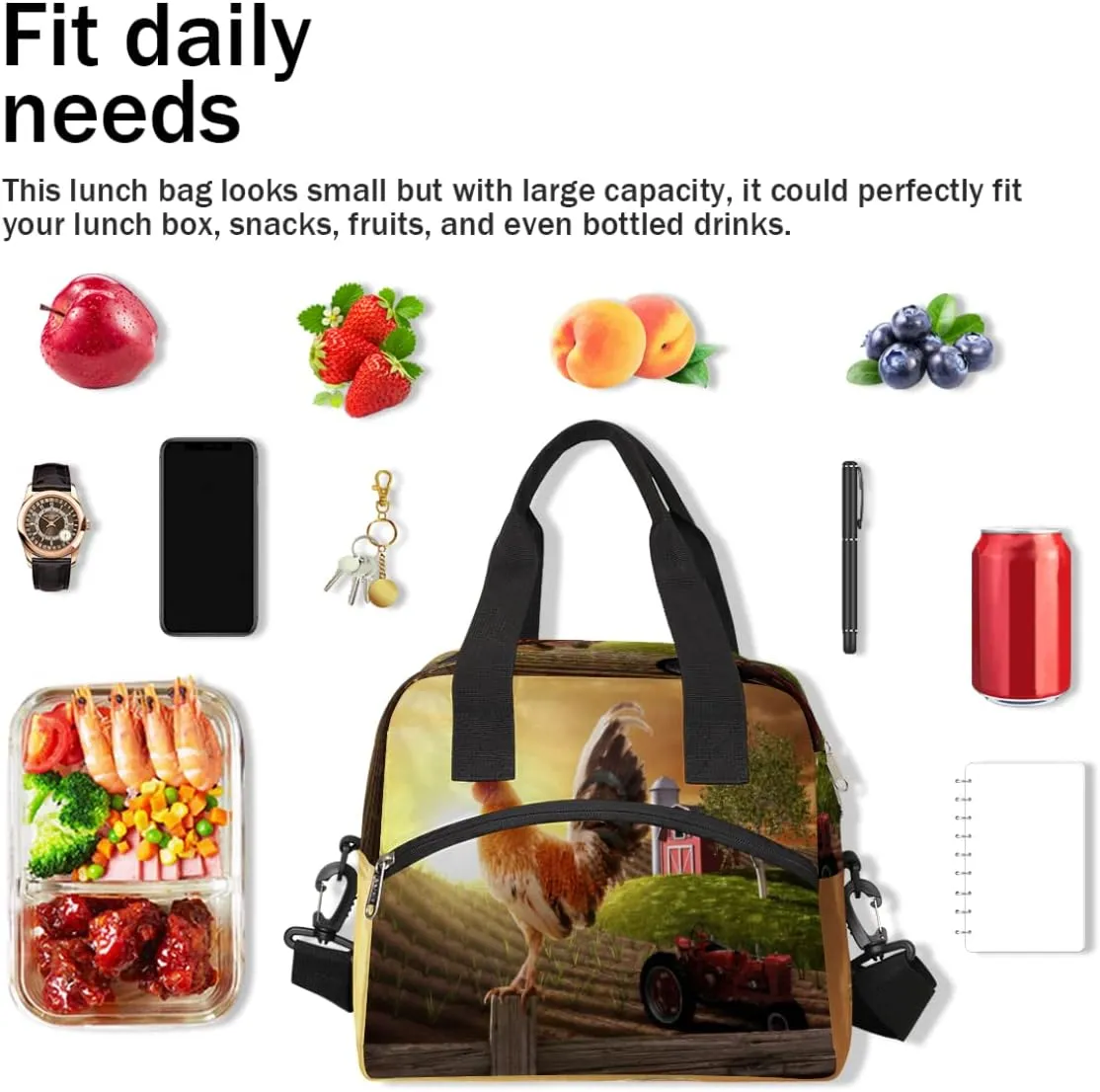 Insulated Lunch Bag Women Men Farmhouse Rooster Farmland Large Reusable Lunch Box Leakproof Lunch Tote Bag Cooler Bag with Adjustable Shoulder Strap Travel Picnic Work Beach