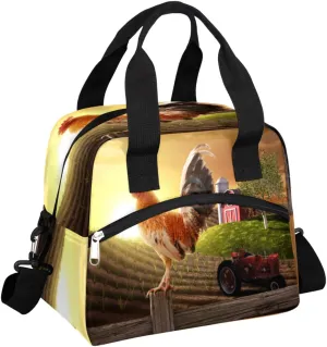 Insulated Lunch Bag Women Men Farmhouse Rooster Farmland Large Reusable Lunch Box Leakproof Lunch Tote Bag Cooler Bag with Adjustable Shoulder Strap Travel Picnic Work Beach