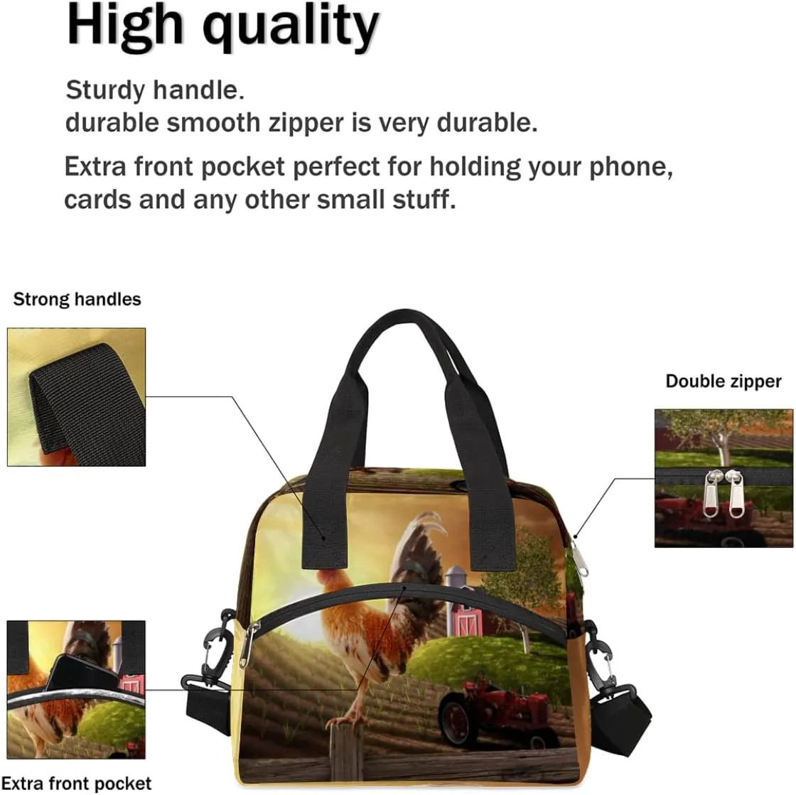 Insulated Lunch Bag Women Men Farmhouse Rooster Farmland Large Reusable Lunch Box Leakproof Lunch Tote Bag Cooler Bag with Adjustable Shoulder Strap Travel Picnic Work Beach