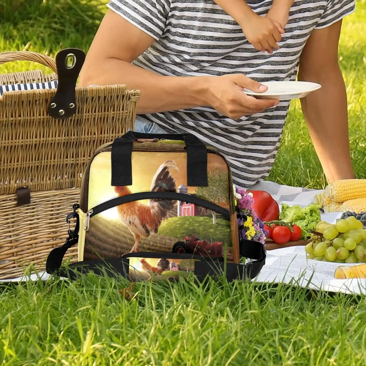 Insulated Lunch Bag Women Men Farmhouse Rooster Farmland Large Reusable Lunch Box Leakproof Lunch Tote Bag Cooler Bag with Adjustable Shoulder Strap Travel Picnic Work Beach