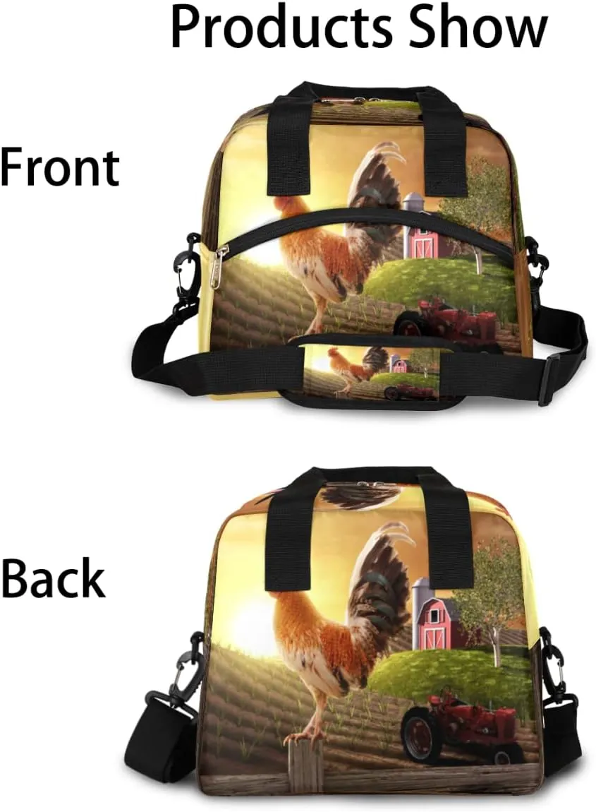 Insulated Lunch Bag Women Men Farmhouse Rooster Farmland Large Reusable Lunch Box Leakproof Lunch Tote Bag Cooler Bag with Adjustable Shoulder Strap Travel Picnic Work Beach