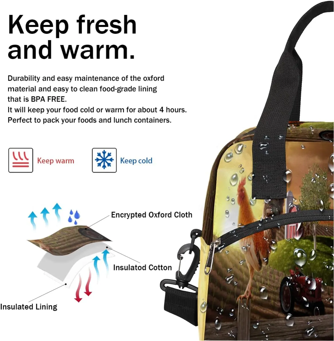 Insulated Lunch Bag Women Men Farmhouse Rooster Farmland Large Reusable Lunch Box Leakproof Lunch Tote Bag Cooler Bag with Adjustable Shoulder Strap Travel Picnic Work Beach