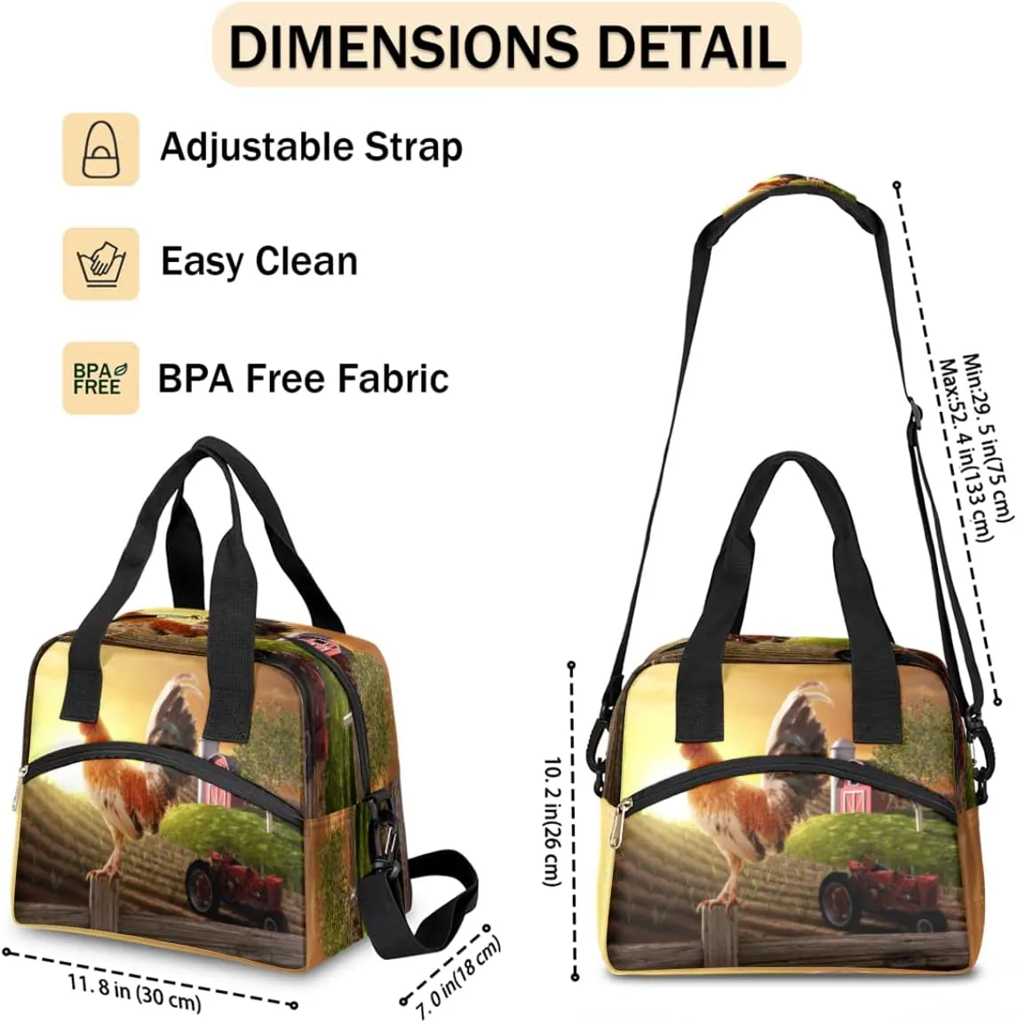 Insulated Lunch Bag Women Men Farmhouse Rooster Farmland Large Reusable Lunch Box Leakproof Lunch Tote Bag Cooler Bag with Adjustable Shoulder Strap Travel Picnic Work Beach