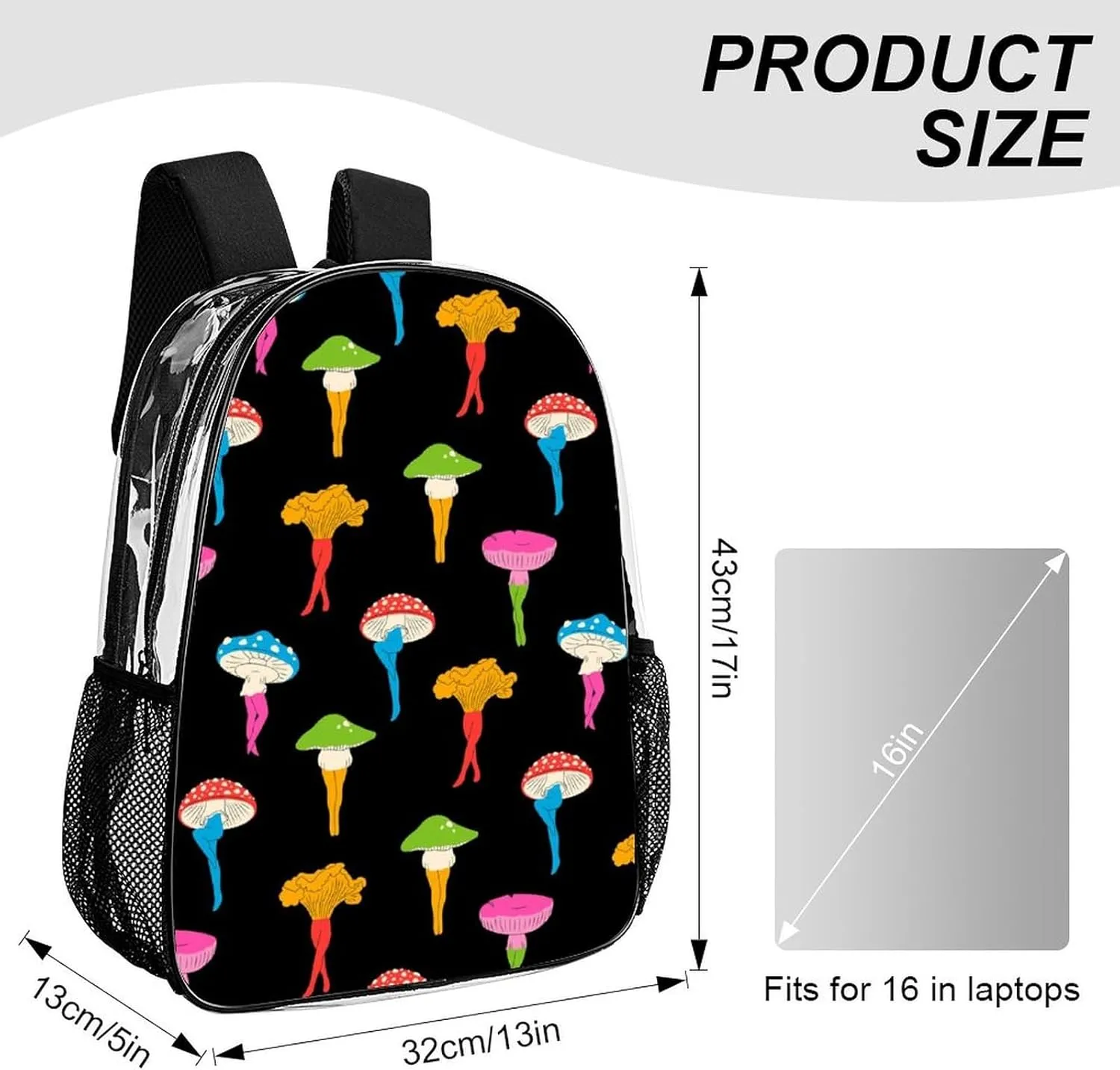 Interesting Mushroom Butt Transparent Fashion Waterproof PVC Transparent Backpack Unisex 17 Inches