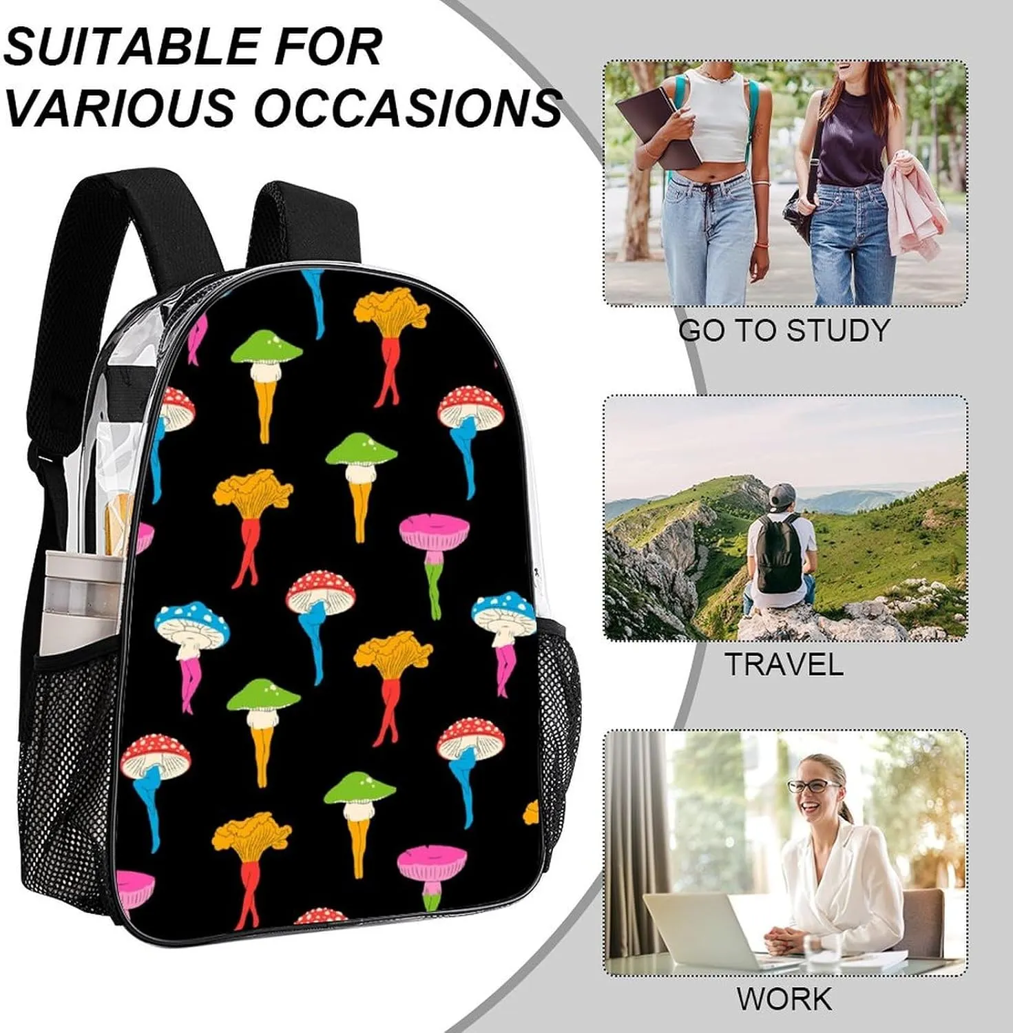 Interesting Mushroom Butt Transparent Fashion Waterproof PVC Transparent Backpack Unisex 17 Inches