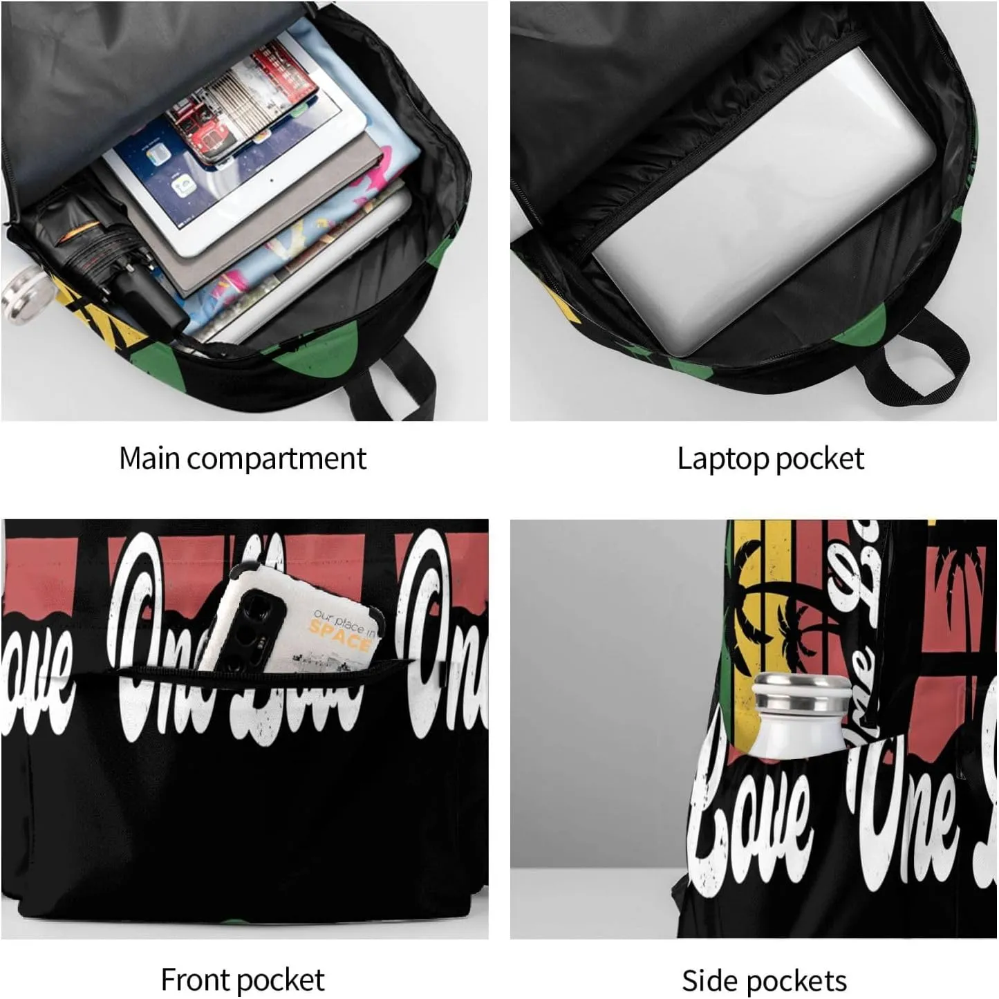 Jamaica One Loves Reggae Caribbean Music Rasta Rastafari Casual Backpacks Large Travel Backpack Laptop Rucksack Sports Daypack Adjustable Strap Bag for Camping Hiking