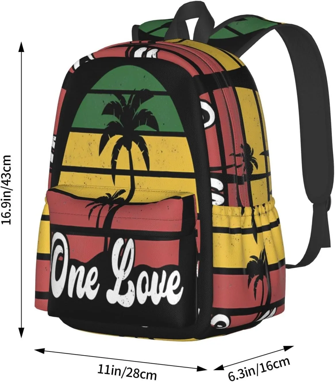 Jamaica One Loves Reggae Caribbean Music Rasta Rastafari Casual Backpacks Large Travel Backpack Laptop Rucksack Sports Daypack Adjustable Strap Bag for Camping Hiking