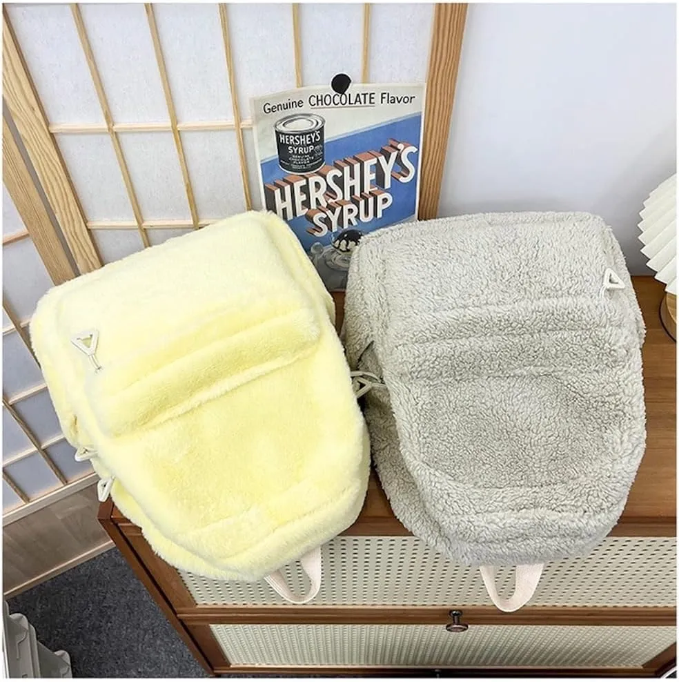 JHTPSLR Small Fuzzy Backpack Solid Furry Backpack Soft Plush Mini Backpack Mochila Pequeña Cute Aesthetic Lightweight Casual Daypack (LIght Khaki)