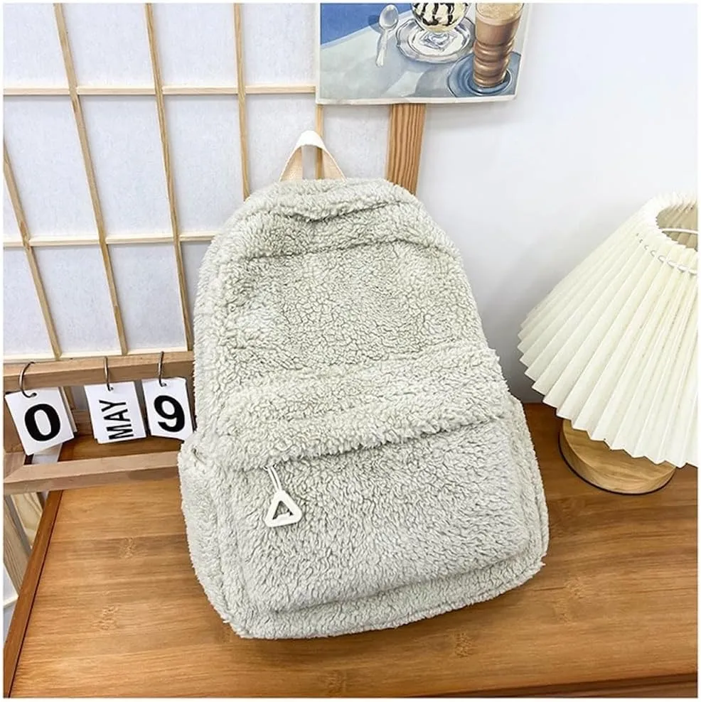 JHTPSLR Small Fuzzy Backpack Solid Furry Backpack Soft Plush Mini Backpack Mochila Pequeña Cute Aesthetic Lightweight Casual Daypack (LIght Khaki)
