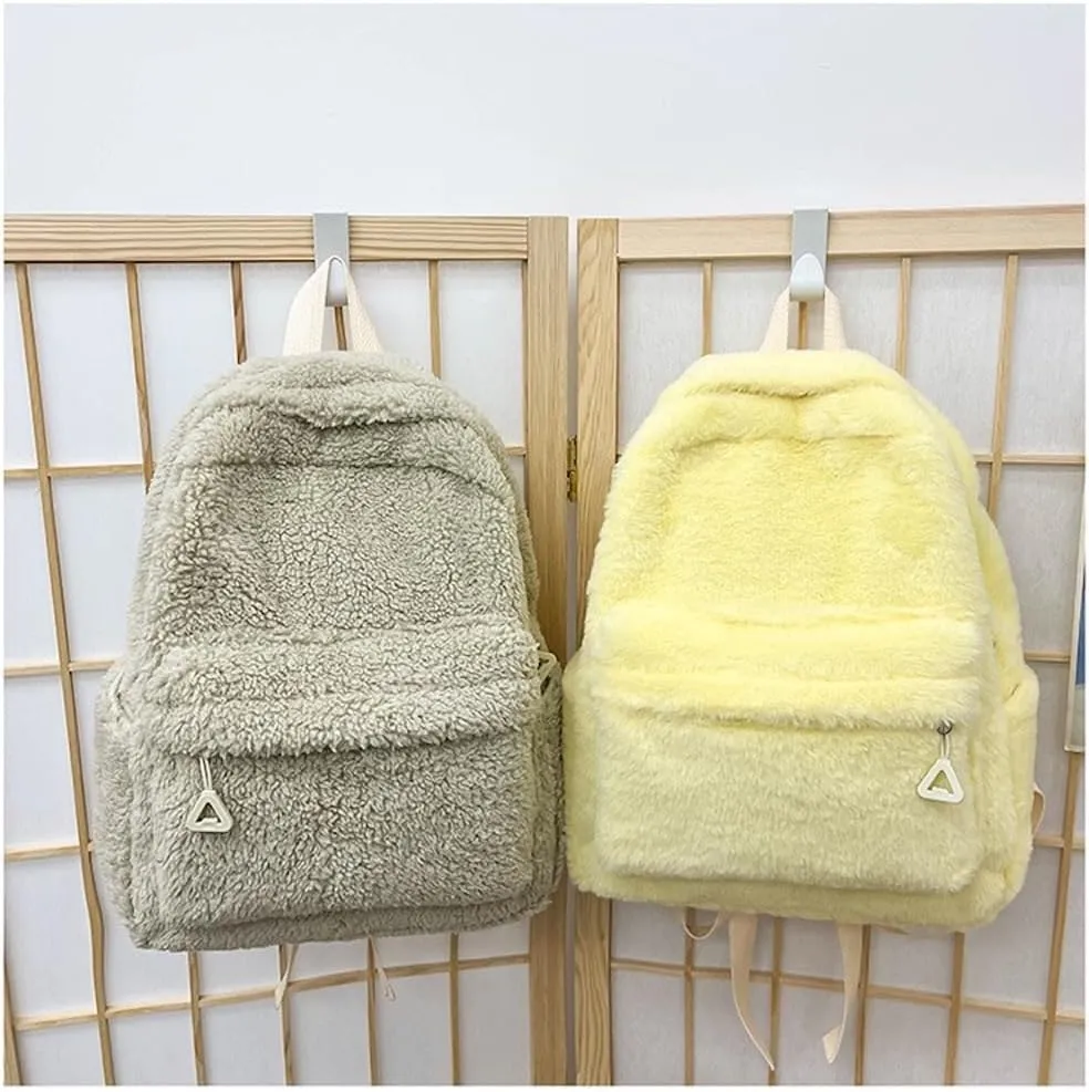 JHTPSLR Small Fuzzy Backpack Solid Furry Backpack Soft Plush Mini Backpack Mochila Pequeña Cute Aesthetic Lightweight Casual Daypack (LIght Khaki)
