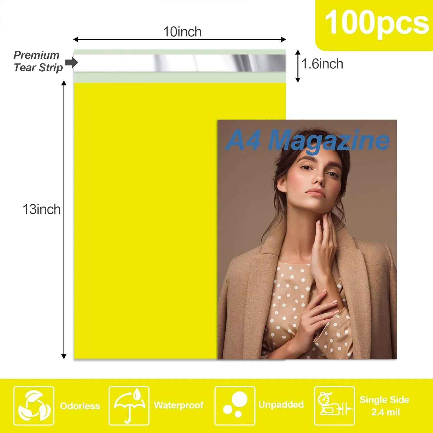 JinRuiKJ Poly Mailers 10x13 Inch 100 Pcs, Strong Adhesive Shipping Bags for Clothing, Durable Thick Mailing Envelopes with Self Seal, Packaging Bags for Small Business - Yellow