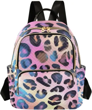 JIPONI Soft Laser Leopard Print Rainbow Small Backpack for Women, Travel Purse Back Pack, Casual Daypack, Lightweight Bag-S