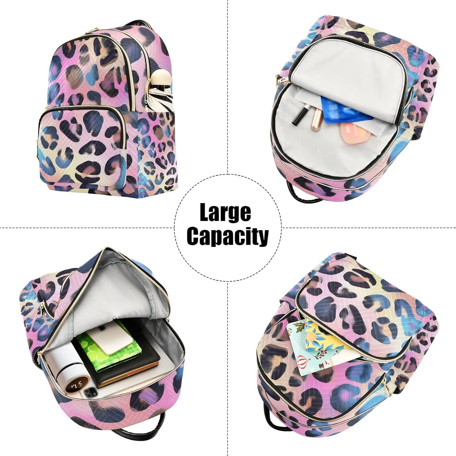JIPONI Soft Laser Leopard Print Rainbow Small Backpack for Women, Travel Purse Back Pack, Casual Daypack, Lightweight Bag-S