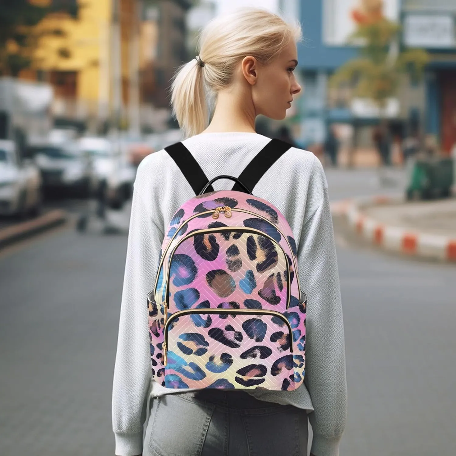JIPONI Soft Laser Leopard Print Rainbow Small Backpack for Women, Travel Purse Back Pack, Casual Daypack, Lightweight Bag-S