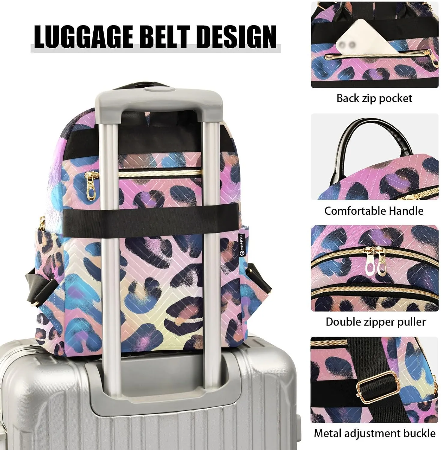 JIPONI Soft Laser Leopard Print Rainbow Small Backpack for Women, Travel Purse Back Pack, Casual Daypack, Lightweight Bag-S