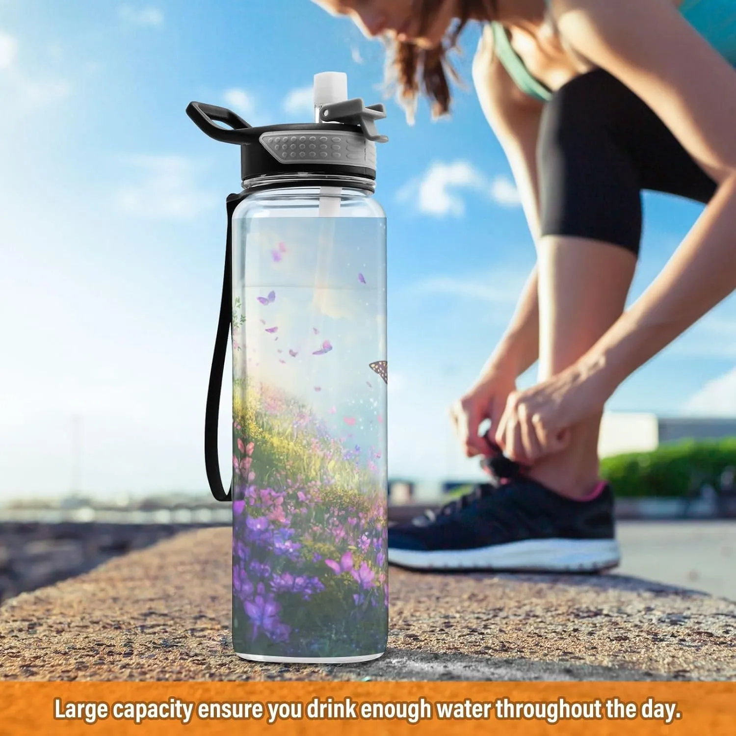 Joisal Butterfly Meadow 32 Oz Water Bottle Straws Leakproof Sports Water Bottles