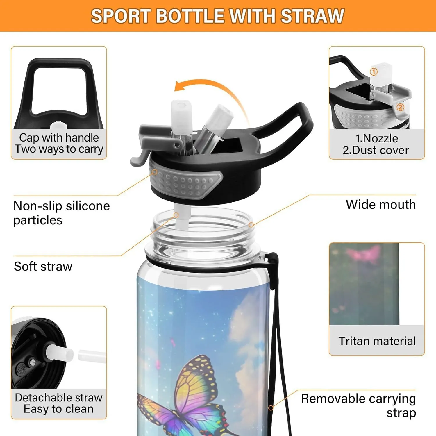 Joisal Butterfly Meadow 32 Oz Water Bottle Straws Leakproof Sports Water Bottles