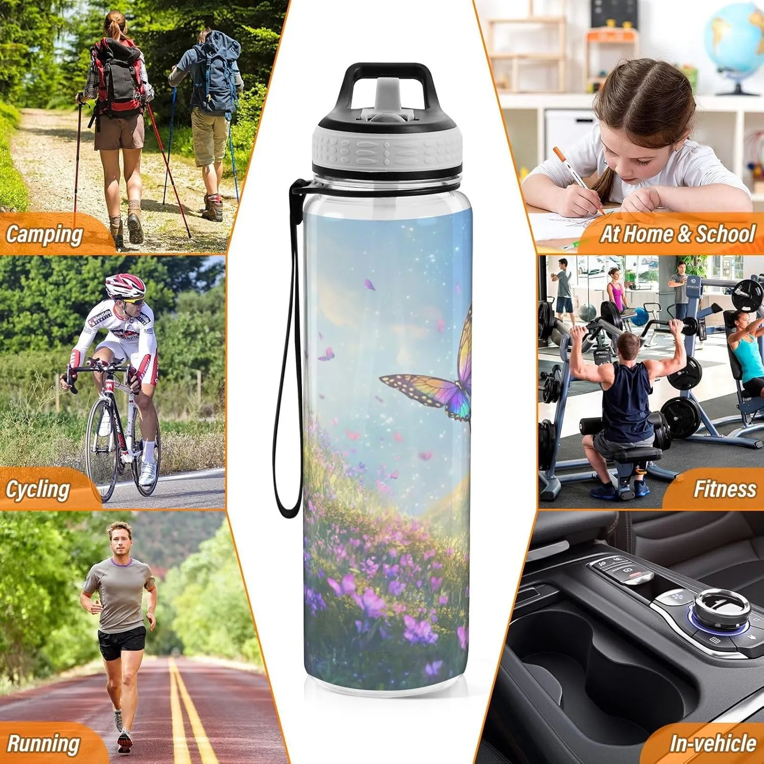 Joisal Butterfly Meadow 32 Oz Water Bottle Straws Leakproof Sports Water Bottles
