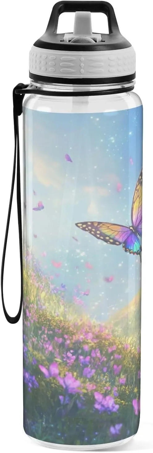 Joisal Butterfly Meadow 32 Oz Water Bottle Straws Leakproof Sports Water Bottles