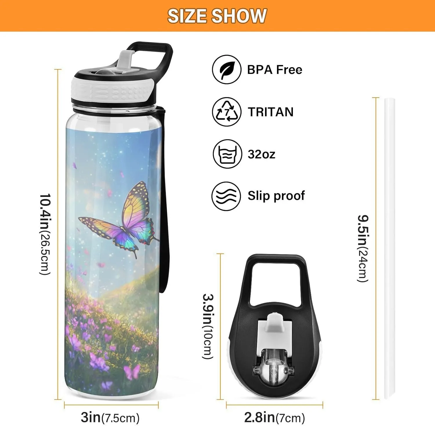 Joisal Butterfly Meadow 32 Oz Water Bottle Straws Leakproof Sports Water Bottles