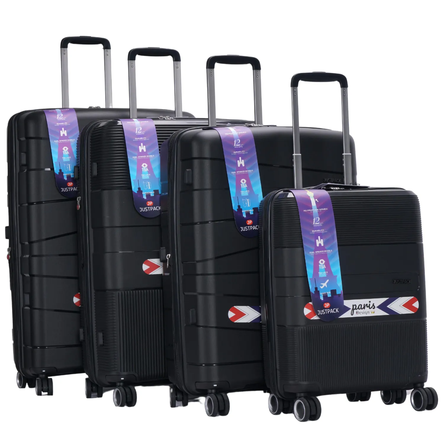 Justpack Pl106-  PP unbreakable 8 wheels 4 Luggage sets - Black