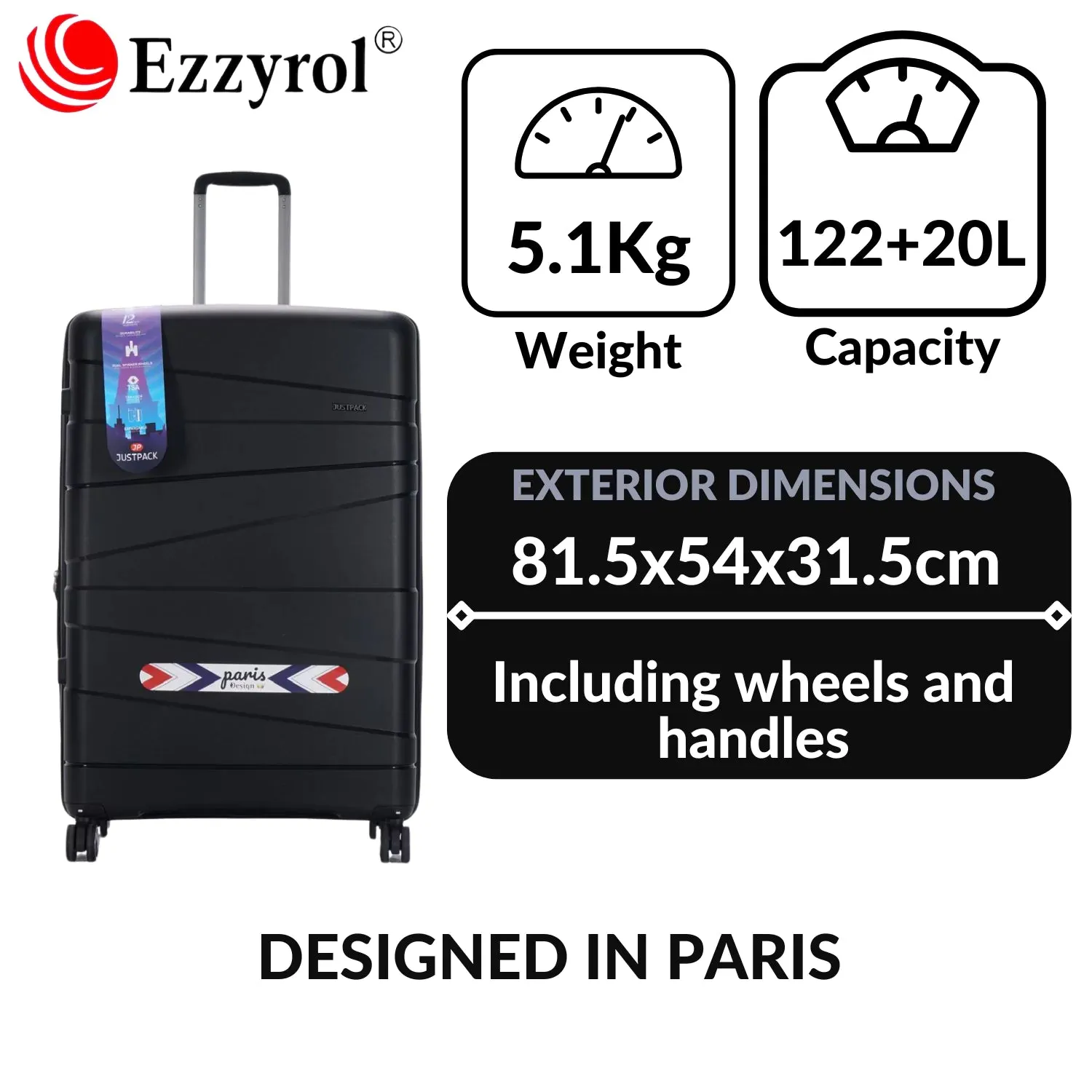 Justpack Pl106-  PP unbreakable 8 wheels 4 Luggage sets - Black