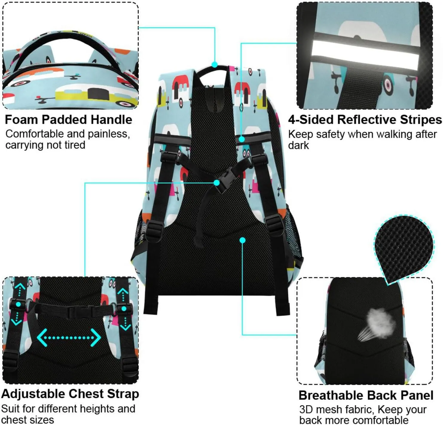 Kcldeci Kids Backpack for Girls Boys Happy Camper Caravan Middle-School Backpacks Elementary Bookbags School Book Bag Travel Bag
