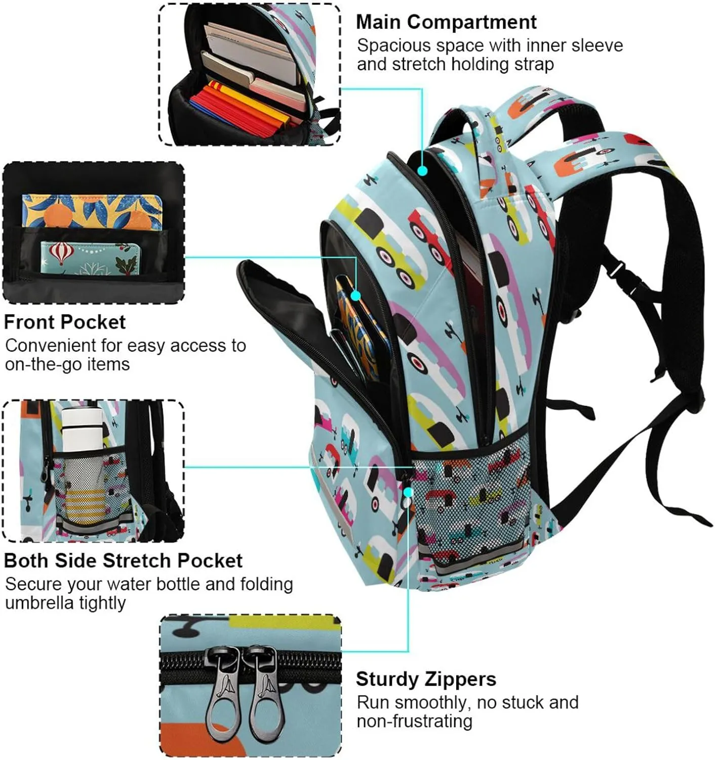 Kcldeci Kids Backpack for Girls Boys Happy Camper Caravan Middle-School Backpacks Elementary Bookbags School Book Bag Travel Bag