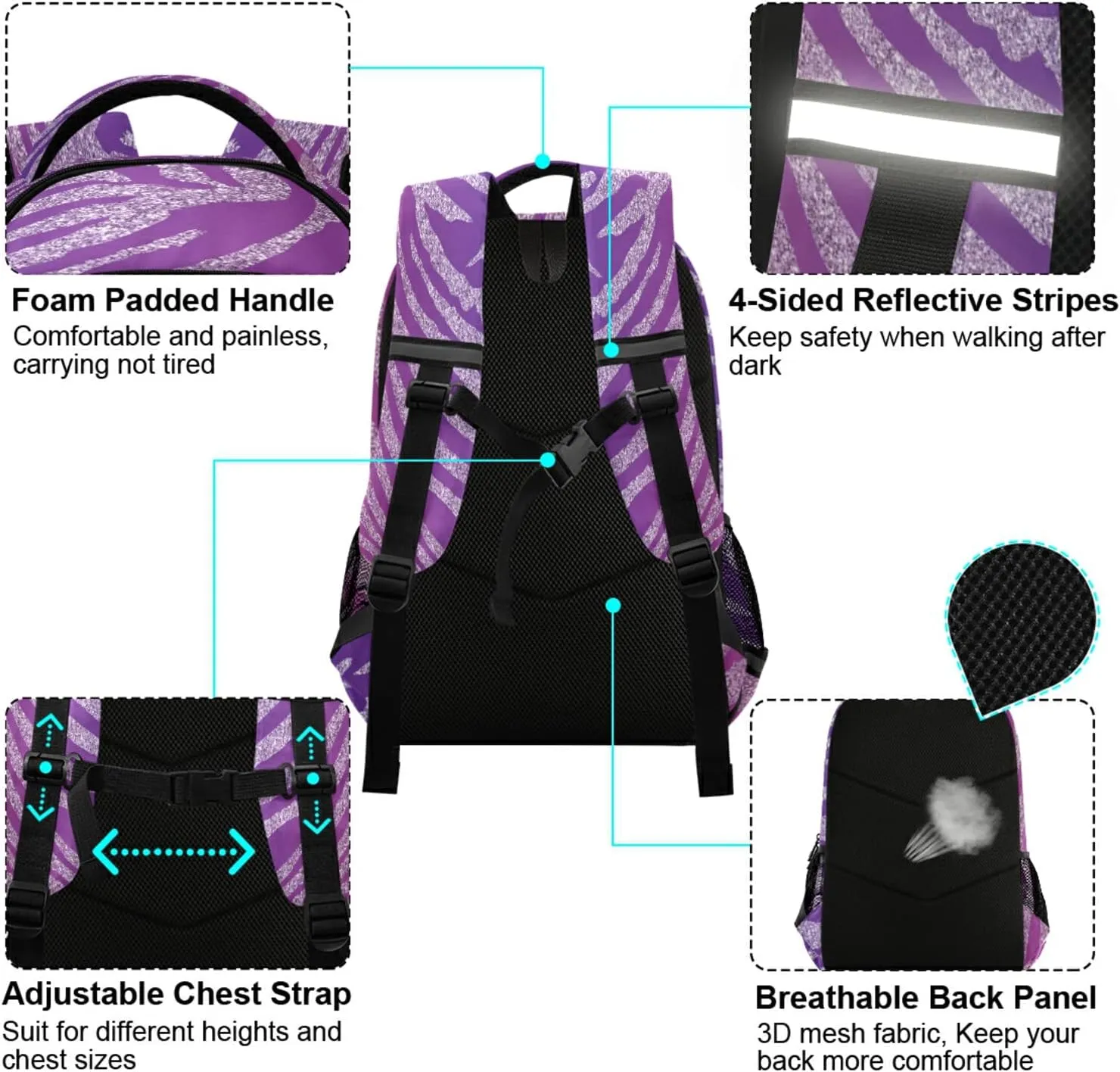 Kcldeci Zebra Print Safari Animal Purple Glitter Kids Backpack Elementary Backpacks Girls Boys School Bag Bookbag Daypack travel bag Rucksack