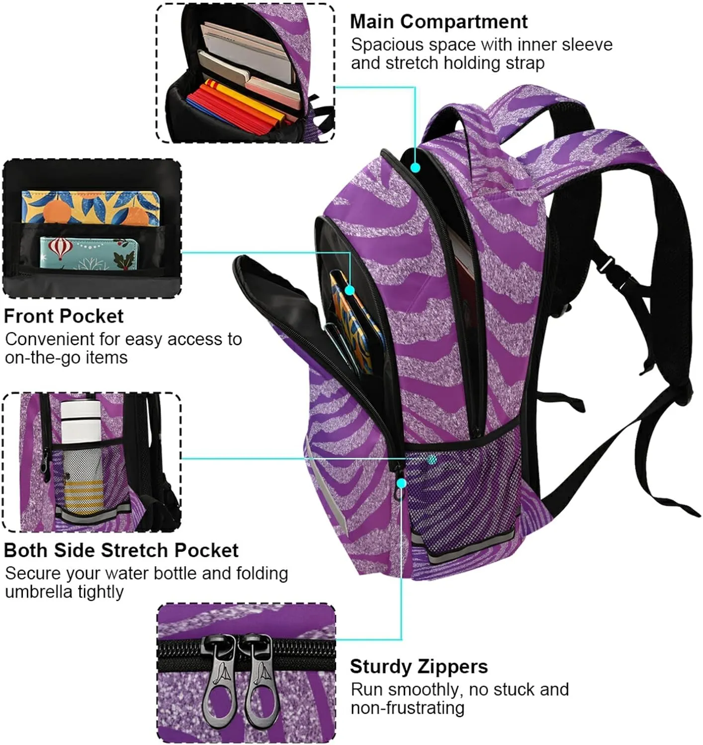 Kcldeci Zebra Print Safari Animal Purple Glitter Kids Backpack Elementary Backpacks Girls Boys School Bag Bookbag Daypack travel bag Rucksack