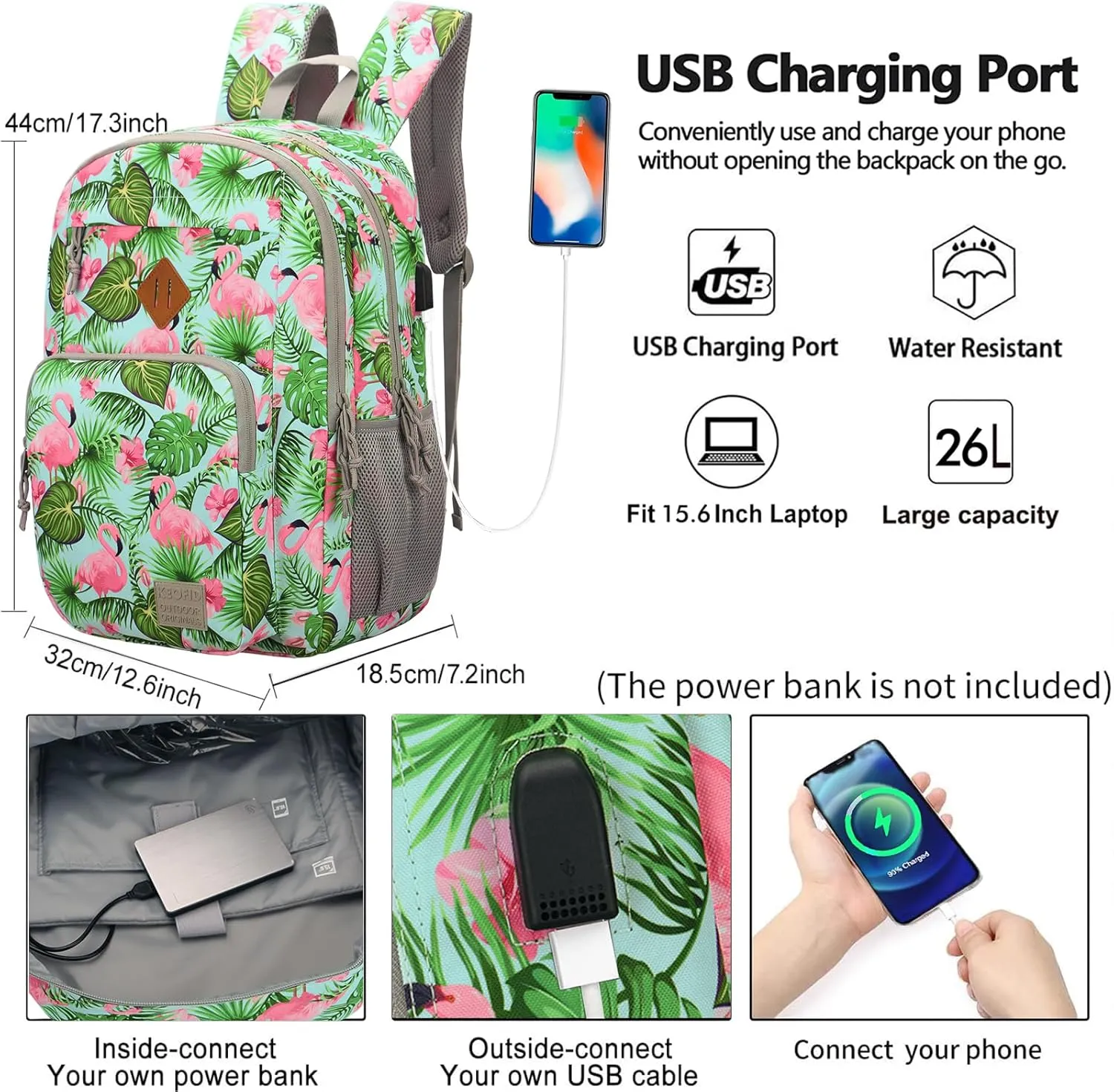 KEOFID classic carry-on travel backpack for men and women, Anti theft laptop backpack with USB charging port, work backpack, backpack for college, water resistent(Flamingo)