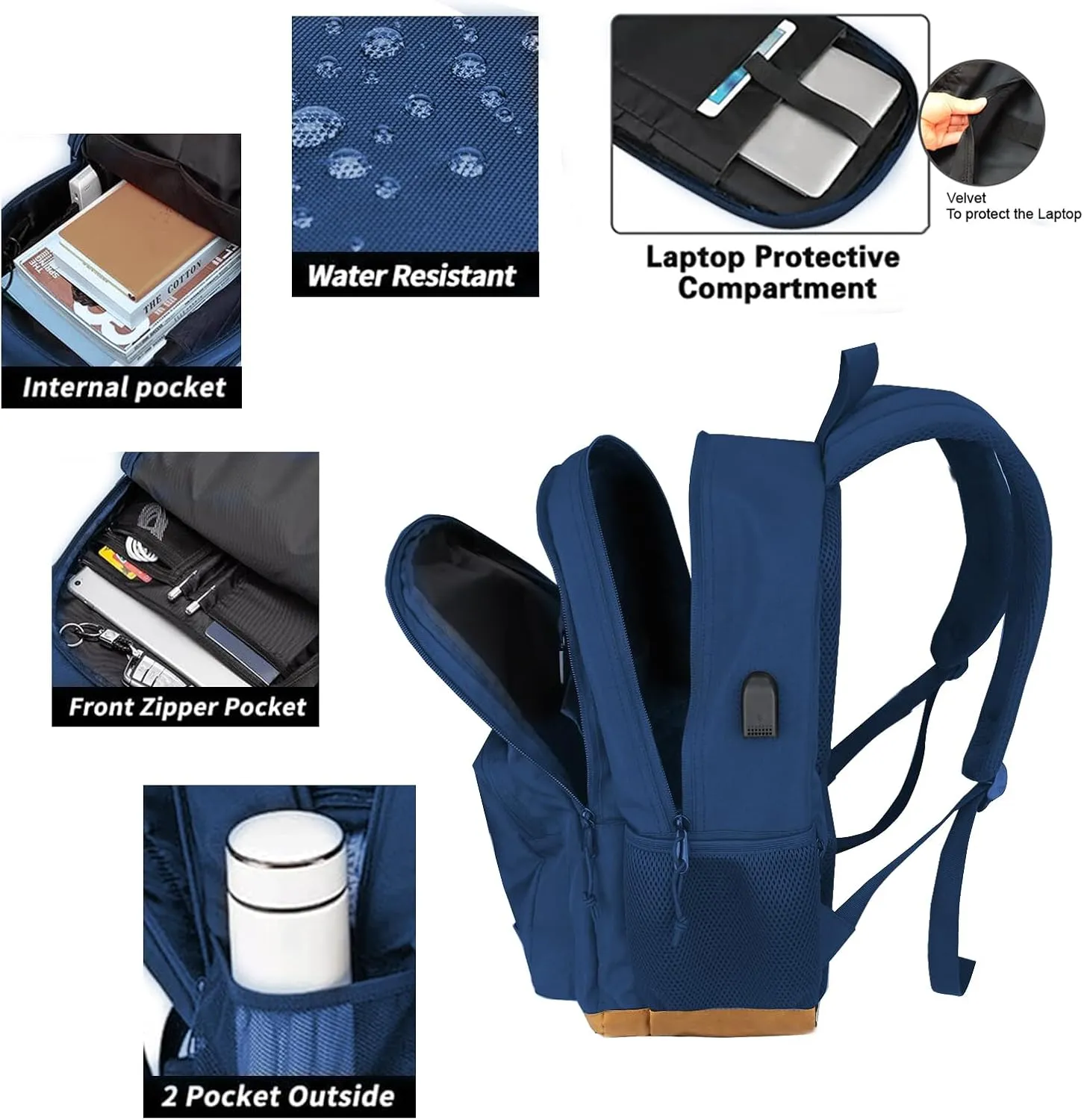 KEOFID Classic Travel backpack for Men and Women, Anti Theft Laptop Backpack with USB Charging Port for Work, Large Bag for College, Water Resistent(Blue 19inches)