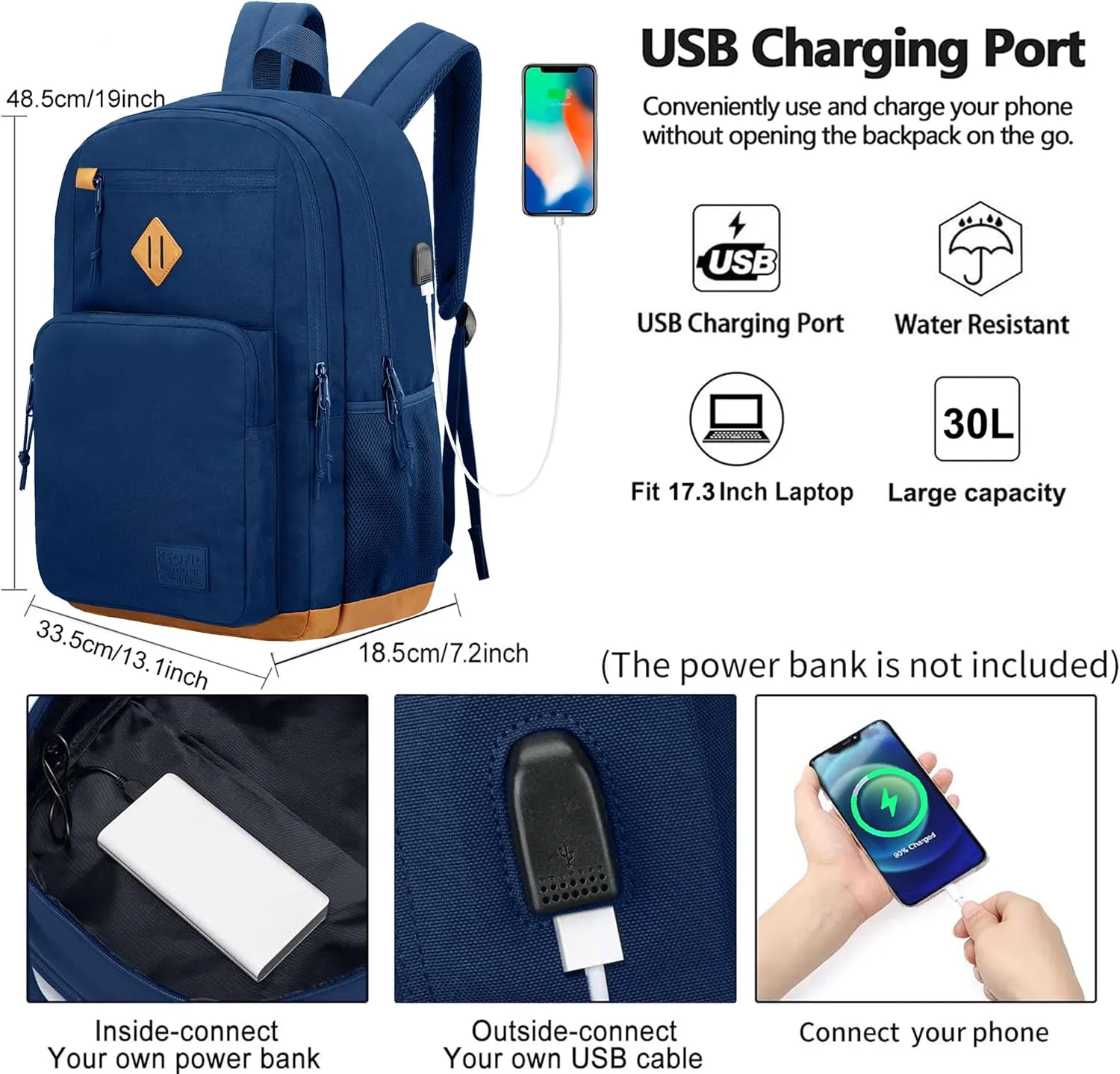 KEOFID Classic Travel backpack for Men and Women, Anti Theft Laptop Backpack with USB Charging Port for Work, Large Bag for College, Water Resistent(Blue 19inches)