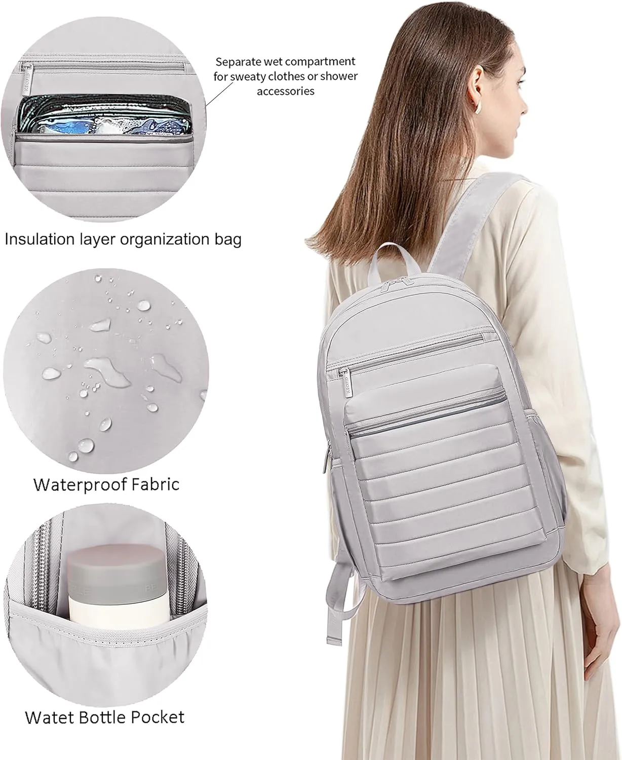 KEOFID Travel Backpack for Women Carry-On, Backpack Purse for Women, Anti-Theft Womens backpacks, Casual Back pack for College(Light Gray)