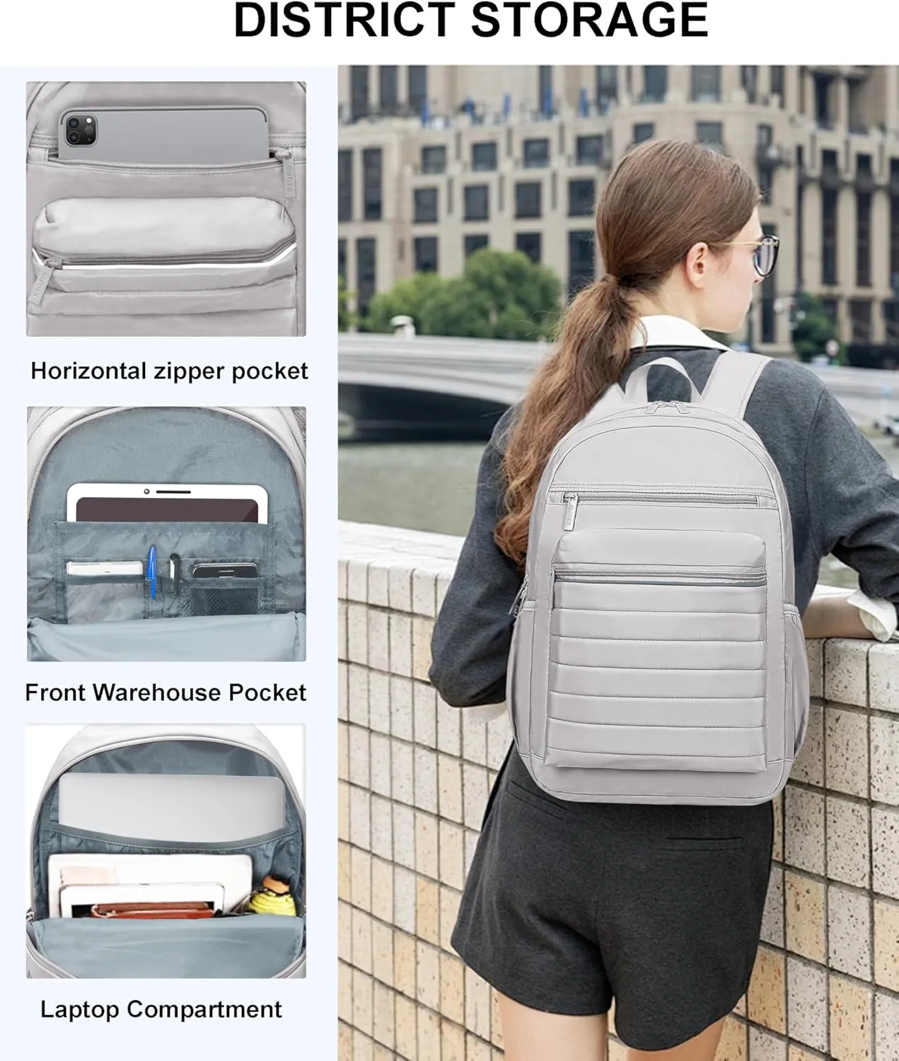 KEOFID Travel Backpack for Women Carry-On, Backpack Purse for Women, Anti-Theft Womens backpacks, Casual Back pack for College(Light Gray)