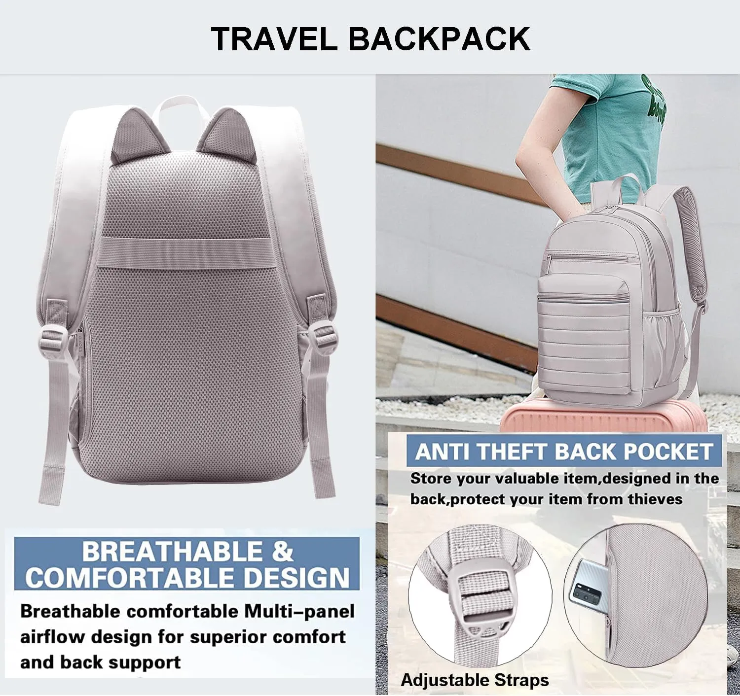 KEOFID Travel Backpack for Women Carry-On, Backpack Purse for Women, Anti-Theft Womens backpacks, Casual Back pack for College(Light Gray)