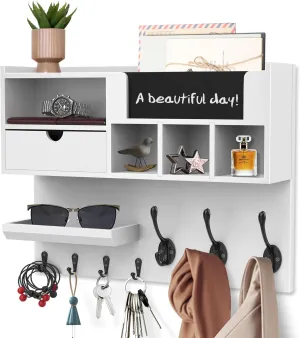 Key Holder Wall Mount with Mail Slot, Adjustable Entryway Shelf & Chalkboard – Farmhouse Key Hooks for Wall, Ideal for Coats, Bags, Keys in Home or Apartment
