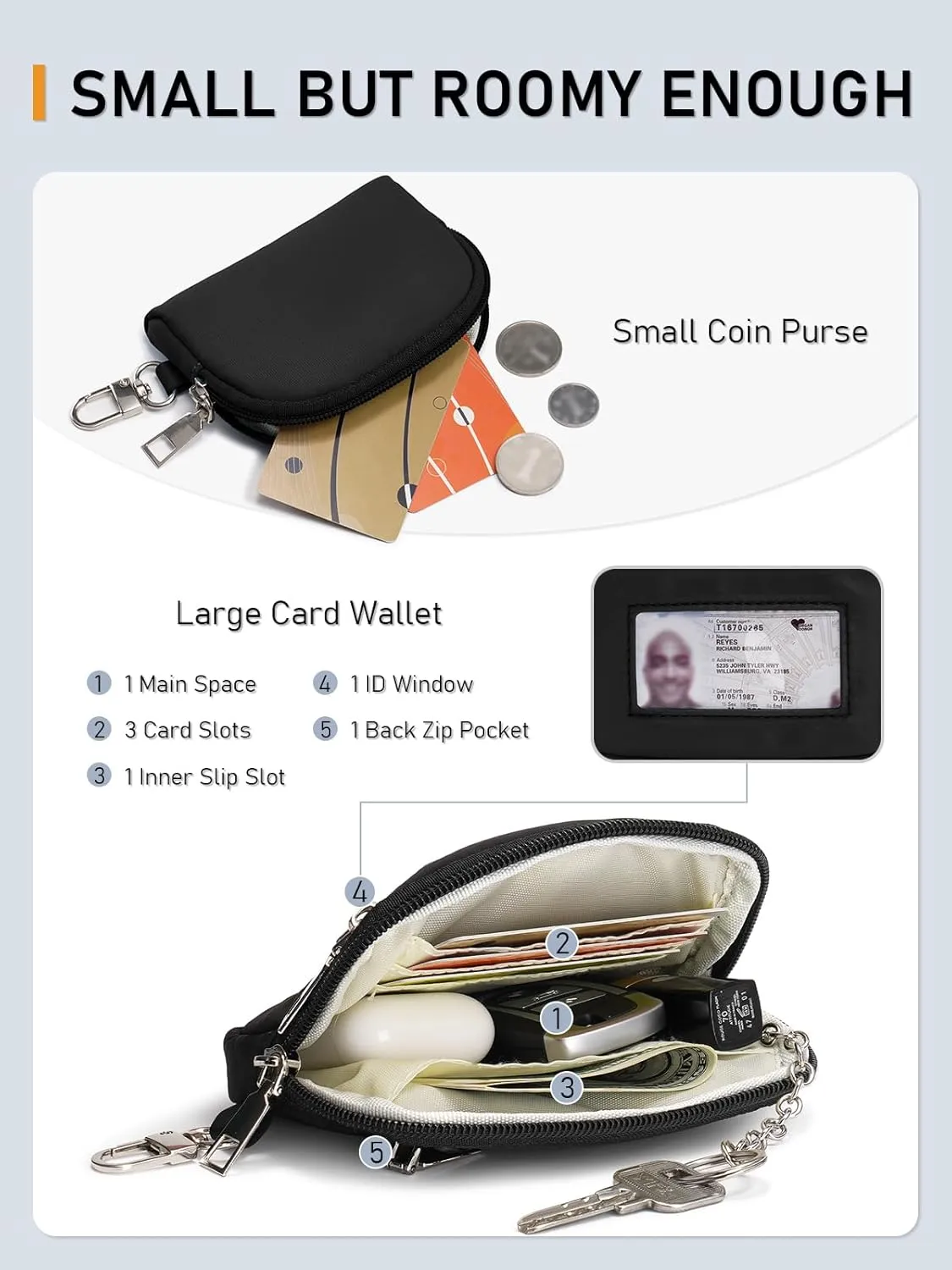 Keychain Wallet Mini Zip Around Dual Pouch Wristlet Detachable Coin Purse for Women and Men with Phone Tether Tab
