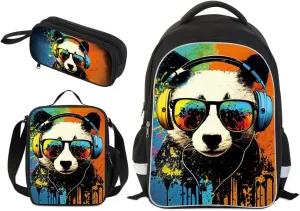 Kids Backpack for Boys - 3pcs 17″ Boys Backpack with Lunch Box Set for Toddle Elementary Middle School - Students Bag for Ages 6-18 Panda Bookbag Travel Back Pack