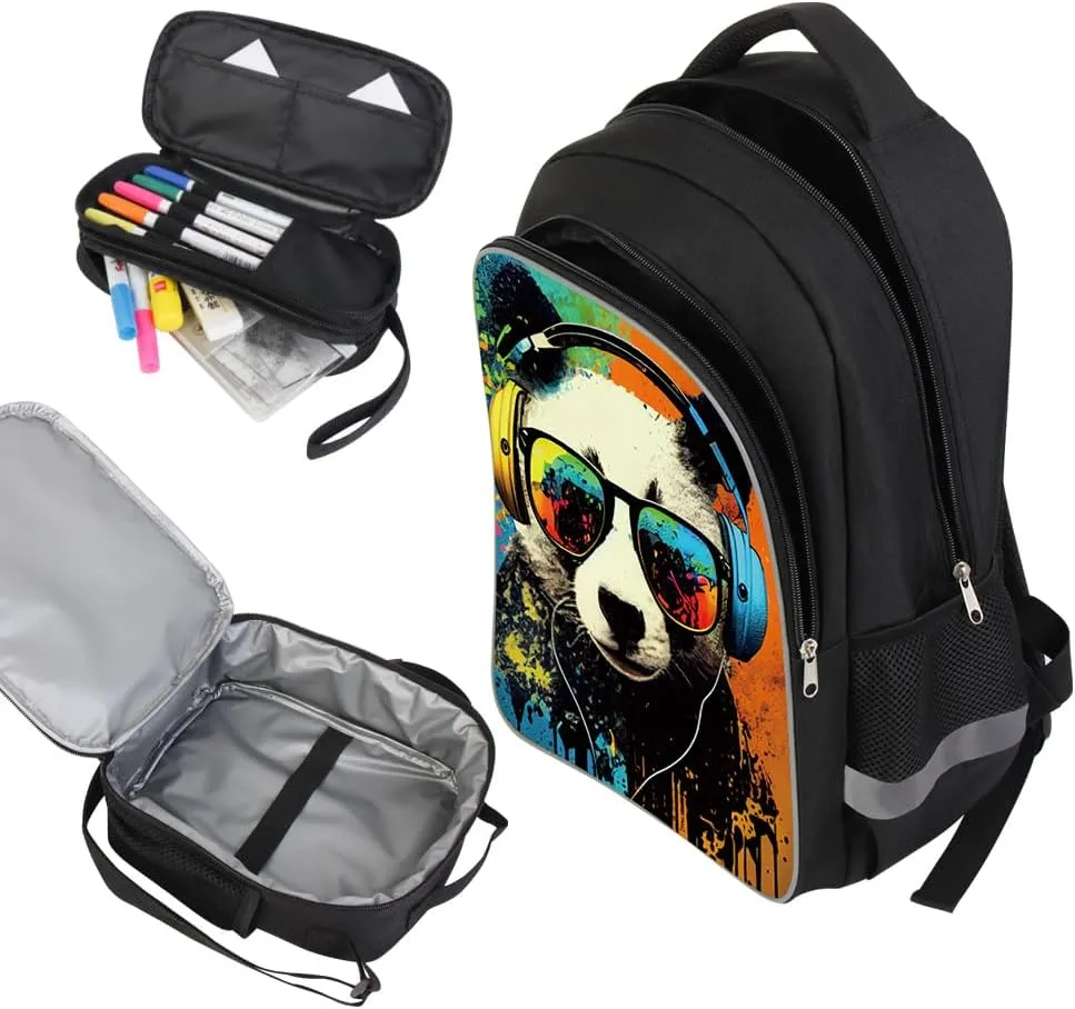 Kids Backpack for Boys - 3pcs 17″ Boys Backpack with Lunch Box Set for Toddle Elementary Middle School - Students Bag for Ages 6-18 Panda Bookbag Travel Back Pack