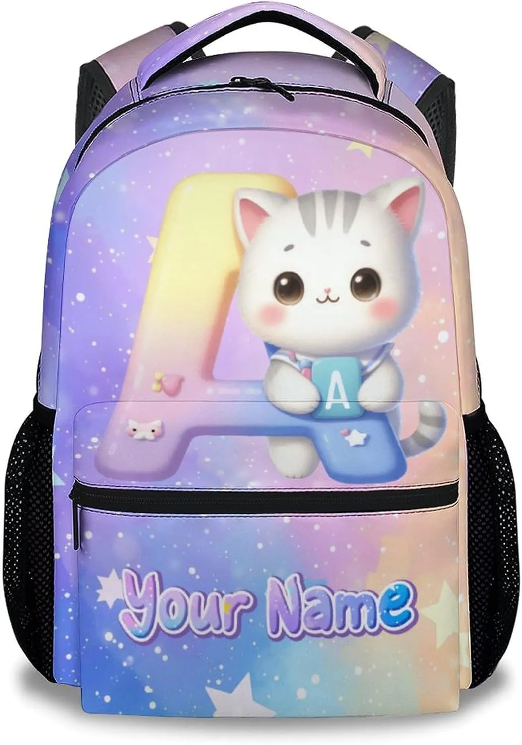 Kids Backpack for Girls, Personalized Cat Backpacks for School, Custom Initial Name Bookbag for Elementary Middle School, 17 Inch Cute Customized Monogram Bookbags