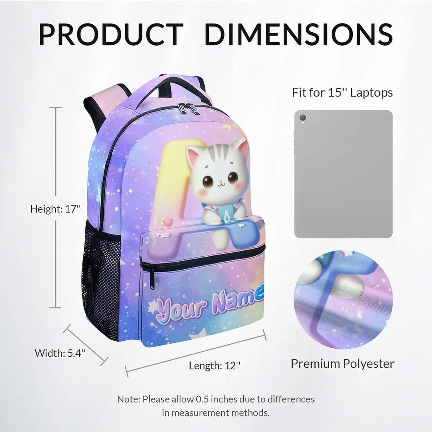 Kids Backpack for Girls, Personalized Cat Backpacks for School, Custom Initial Name Bookbag for Elementary Middle School, 17 Inch Cute Customized Monogram Bookbags
