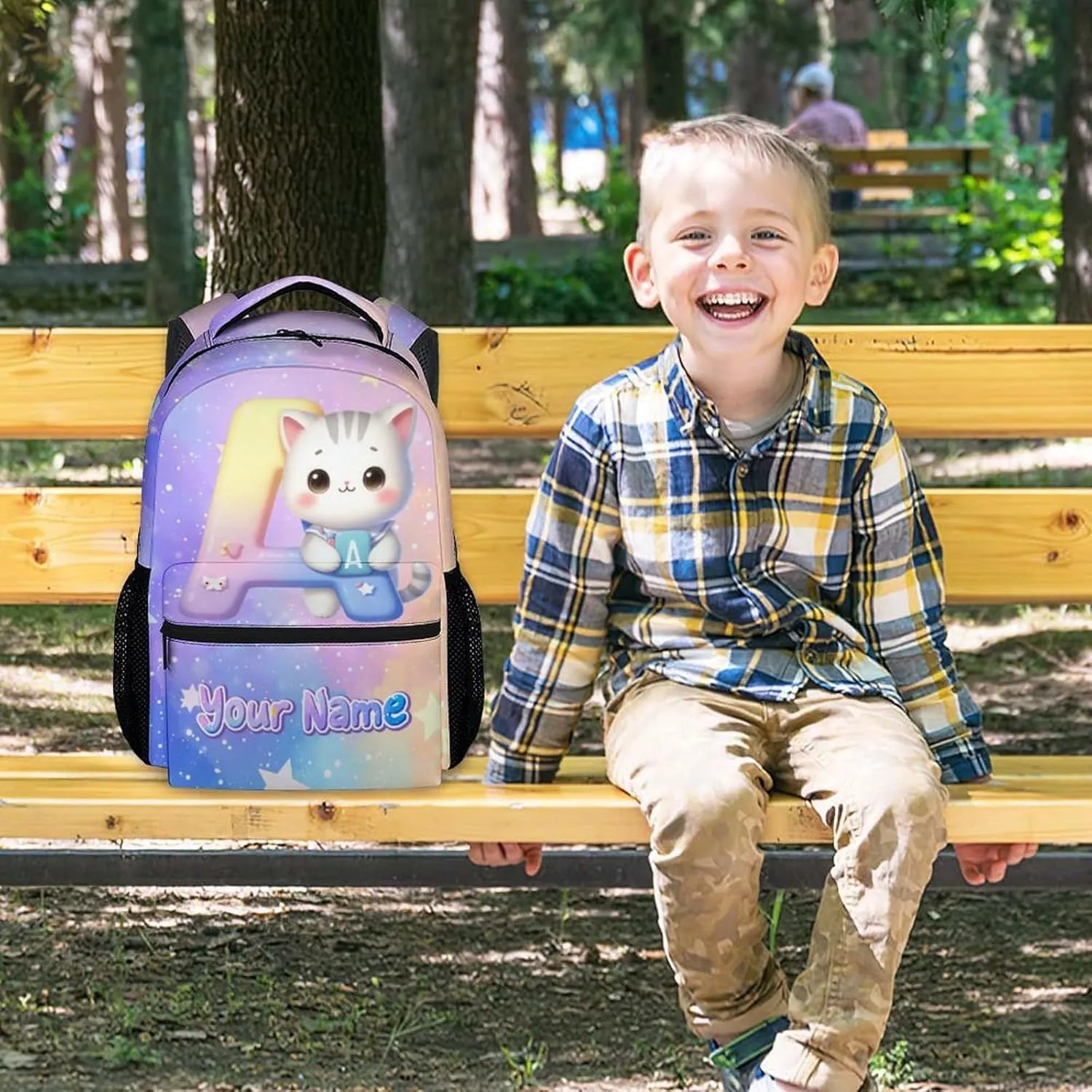 Kids Backpack for Girls, Personalized Cat Backpacks for School, Custom Initial Name Bookbag for Elementary Middle School, 17 Inch Cute Customized Monogram Bookbags