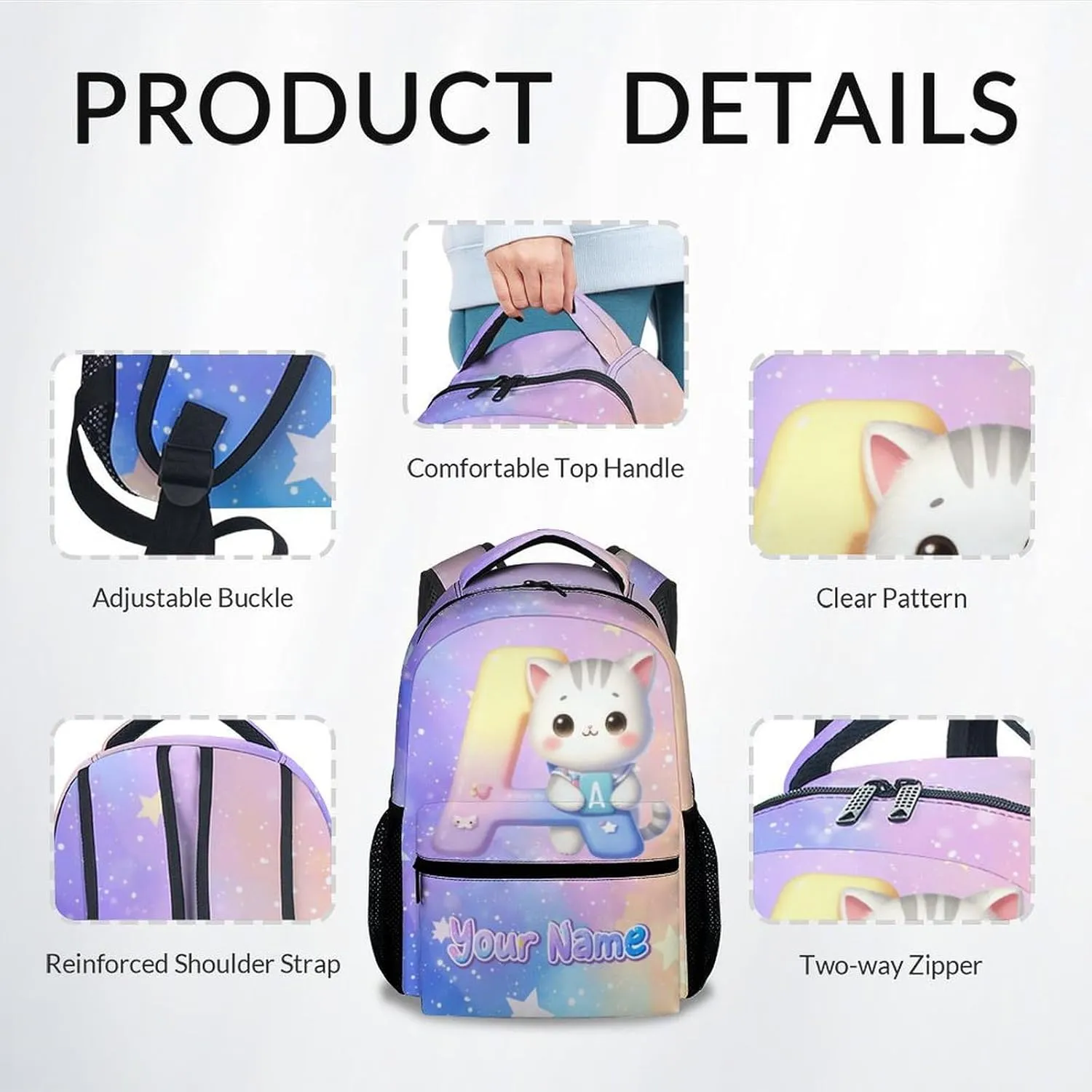 Kids Backpack for Girls, Personalized Cat Backpacks for School, Custom Initial Name Bookbag for Elementary Middle School, 17 Inch Cute Customized Monogram Bookbags