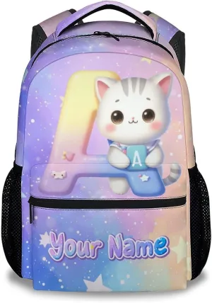 Kids Backpack for Girls, Personalized Cat Backpacks for School, Custom Initial Name Bookbag for Elementary Middle School, 17 Inch Cute Customized Monogram Bookbags