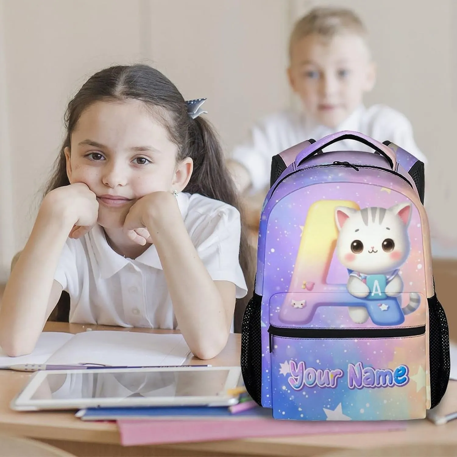 Kids Backpack for Girls, Personalized Cat Backpacks for School, Custom Initial Name Bookbag for Elementary Middle School, 17 Inch Cute Customized Monogram Bookbags