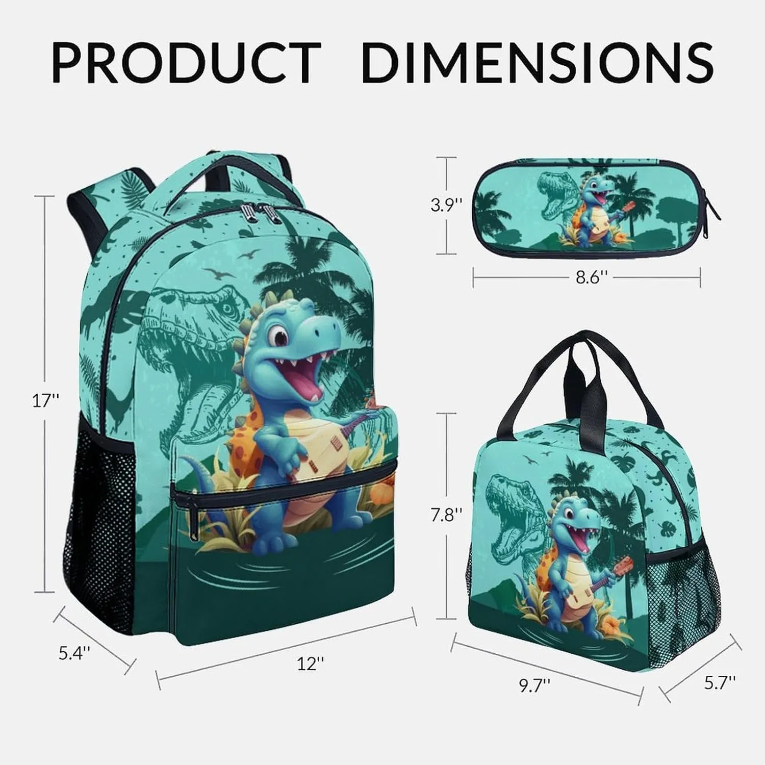 Kids Backpack School Bookbags, Dinosaur Backpack for Girls Boys, 17 Inch School Backpacks for Primary Elementary, Cute Bookbag with Lunch Box and Pencil Case