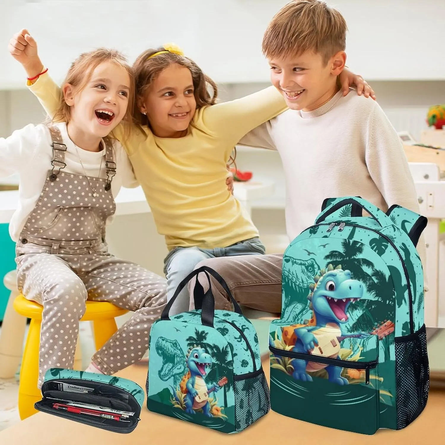 Kids Backpack School Bookbags, Dinosaur Backpack for Girls Boys, 17 Inch School Backpacks for Primary Elementary, Cute Bookbag with Lunch Box and Pencil Case